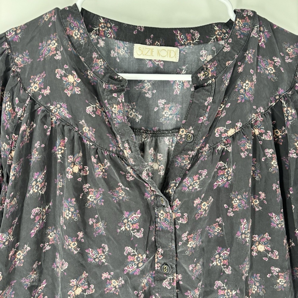 Suzie Kondi Easy Dress L Black Floral Silk Tiered Midi Boho Oversized Pockets - Picture 12 of 14